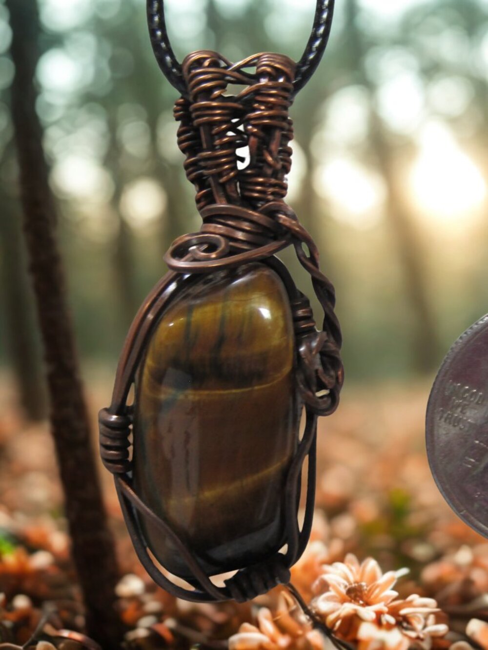 Handmade Wire Wrapped Tiger Eye Crystal Pendant, Copper wire wrapped crystal